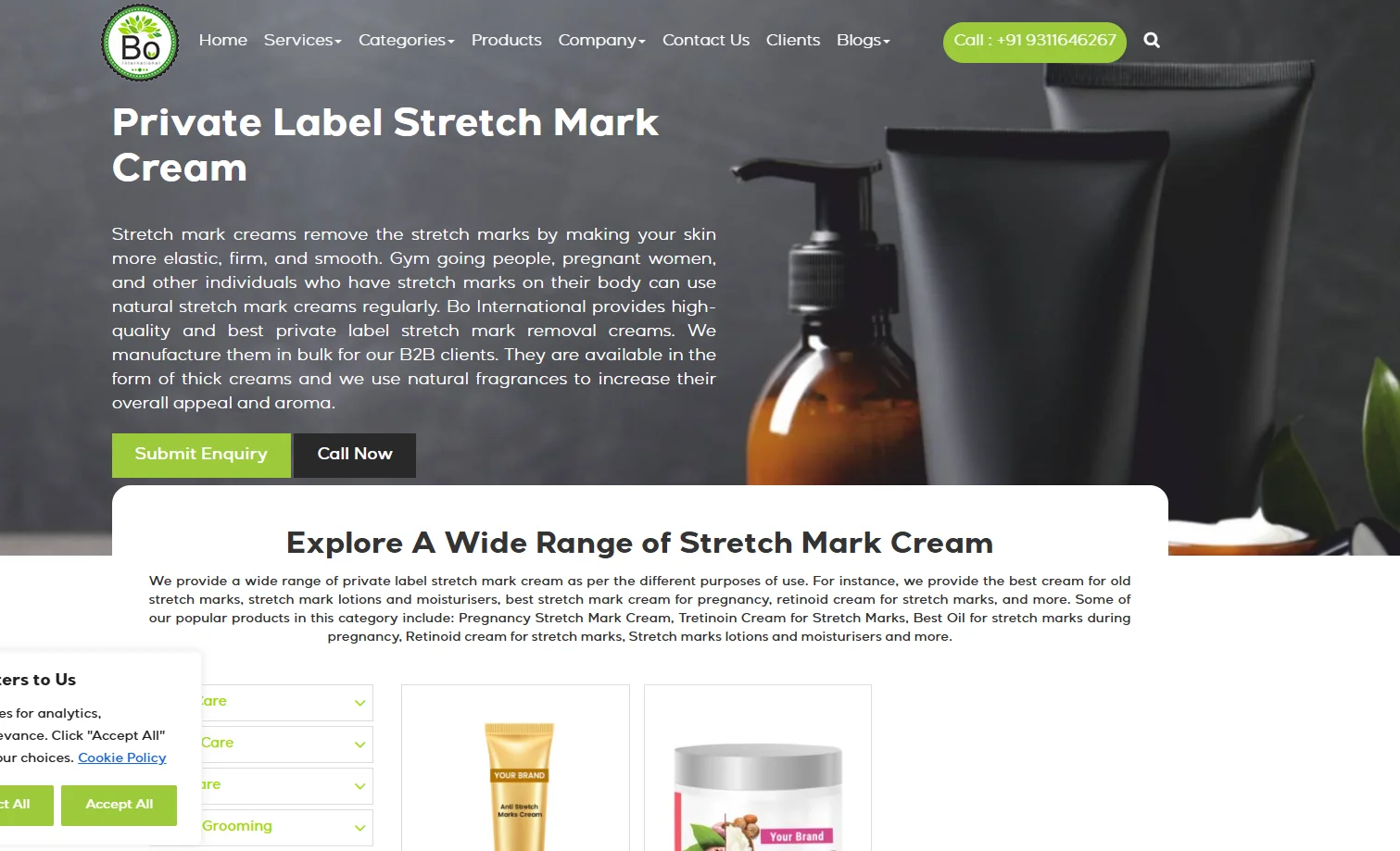 Webpage showcasing stretch mark cream products with a call to action and product information.